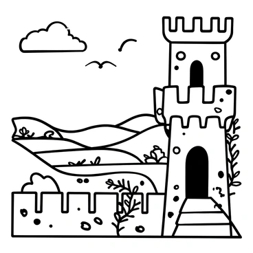A high stone castle tower rises prominently, with crenelated battlements at the top. From the tower, a panoramic view reveals an expansive verdant valley below, dotted with trees and rolling hills. Wisps of clouds drift lazily across the sky, framing the landscape. In the foreground, a stone parapet lines the edge of the tower, while vines climb up the ancient stones. Birds can be seen soaring in the distance, adding depth to the scene.