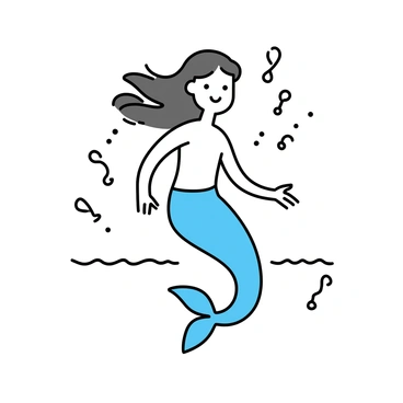 A mermaid with long flowing hair swimming gracefully in the water. Her tail is composed of flowing punctuation marks, including commas, periods, and exclamation points, seamlessly blending together to create a shimmering effect. The background consists of gentle waves and soft bubbles rising around her, enhancing the whimsical nature of her appearance. Her arms are extended elegantly, as if inviting viewers to join her in her underwater dance.