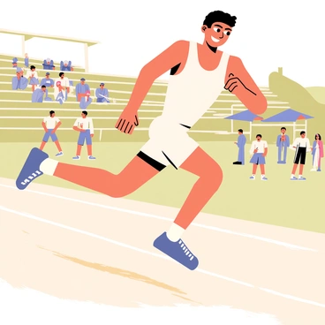 A vintage scene depicting "a sprinter from the early 20th century" running on "a dusty track." The sprinter is wearing a classic, sleeveless athletic uniform made from light fabric, with traditional running shoes. His hair is styled in a period-appropriate manner, and he has a determined expression on his face as he sprints forward. In the background, there are faded grandstands filled with spectators dressed in early 20th-century clothing, observing the race. The dusty track has visible footprints and a slight haze of dust in the air, emphasizing the intensity of the race.