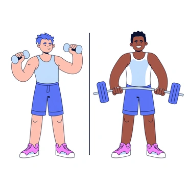 A split view showcasing the transformation of a bodybuilder from beginner to advanced. On the left side, there is a depiction of a beginner bodybuilder with a lean, slightly muscular physique. He is wearing a simple tank top and shorts, standing with a determined expression while lifting a small dumbbell. On the right side, an advanced bodybuilder is shown with a well-defined, muscular physique. He is wearing a fitted workout shirt and shorts, confidently lifting a heavy barbell with a focused expression. The background is minimalistic, emphasizing the bodybuilders and their contrasting physiques.