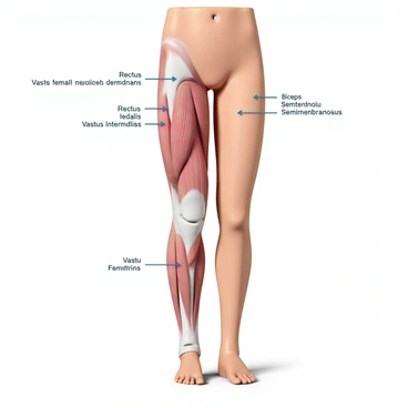 An anatomical diagram featuring the human leg, showcasing the muscles involved during leg extension. The leg is positioned upright to clearly display the muscle groups. The quadriceps are prominently illustrated at the front of the thigh, with detailed labels identifying the rectus femoris, vastus lateralis, vastus medialis, and vastus intermedius. The hamstrings on the back of the thigh are also included for comparison, labeled as biceps femoris, semitendinosus, and semimembranosus. Arrows indicating movement direction are present to show the action of leg extension. The background is a light color to enhance visibility of the muscles and labels.