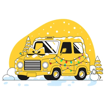 A mini-truck parked on a snowy road. The truck is completely covered in colorful holiday lights wrapped around its body. The front grille features a large bow made of shiny material. Snow is gently falling around the truck, accumulating on the windshield and roof. Nearby, a few small evergreen trees are also dusted with snow, and a snowman can be seen in the background, wearing a scarf and a hat. The ground is covered with a thick layer of snow, creating a festive winter atmosphere.