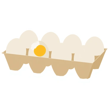 A carton of fresh eggs with a light brown exterior. The carton is partially open, revealing a dozen eggs inside. One egg is slightly cracked, with a small fissure on its surface, allowing a glimpse of the yellow yolk and clear egg white inside. The other eggs are smooth and whole, resting snugly in their individual compartments within the carton.