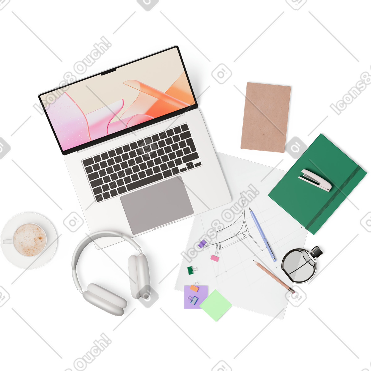下载 3D Hygge 风格的 笔记本电脑、耳机、香水、杯子、订书机和便签的顶视图 插画，支持 PNG、SVG 格式