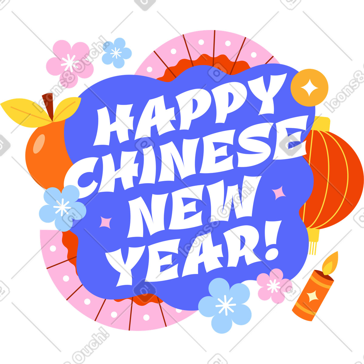 Lettering felice anno nuovo cinese, lanterna e ventagli illustrazione in stile scarica in PNG, SVG