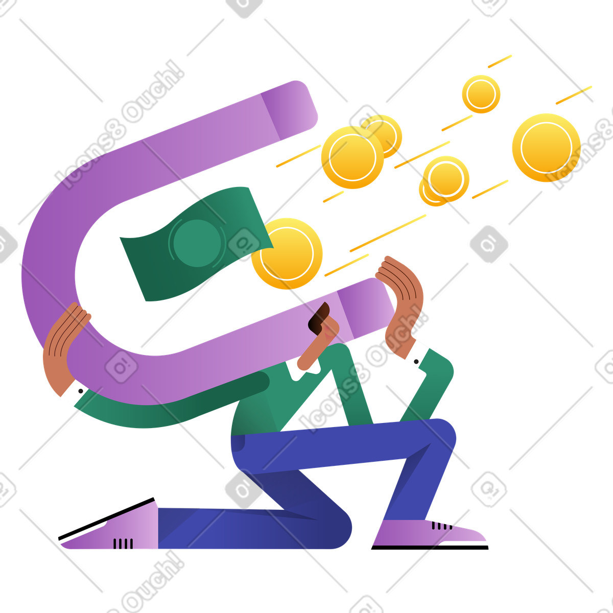 Person collecting coins and banknotes with large magnet, wealth attraction and financial success illustration in PNG, SVG