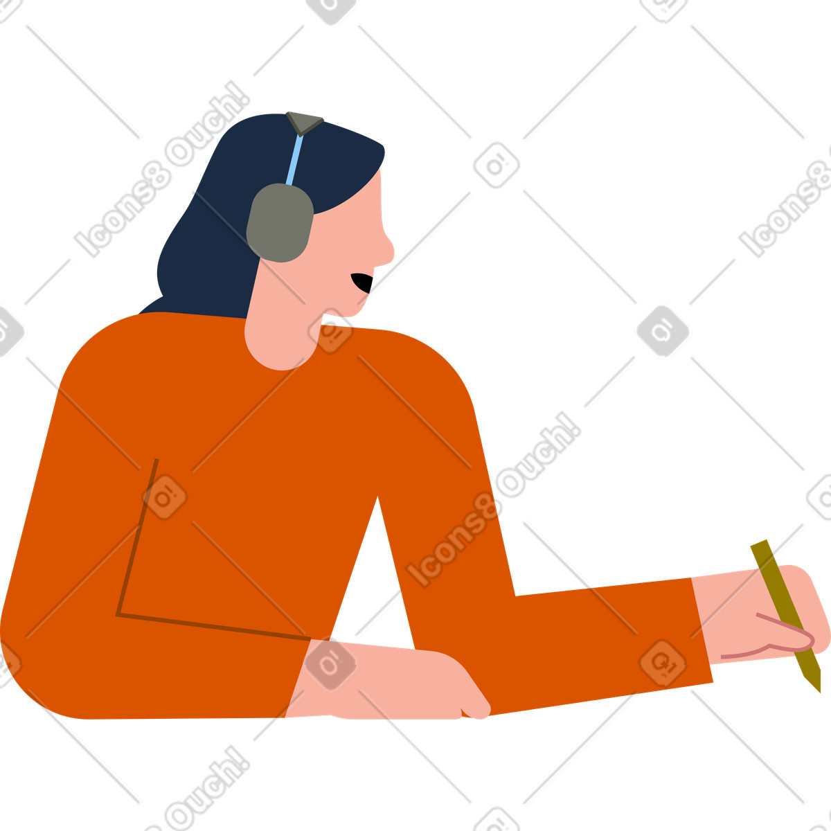 Vector スタイルの ヘッドフォンをつけて何かを書いている女性 のイラストをPNG、SVG形式でダウンロード