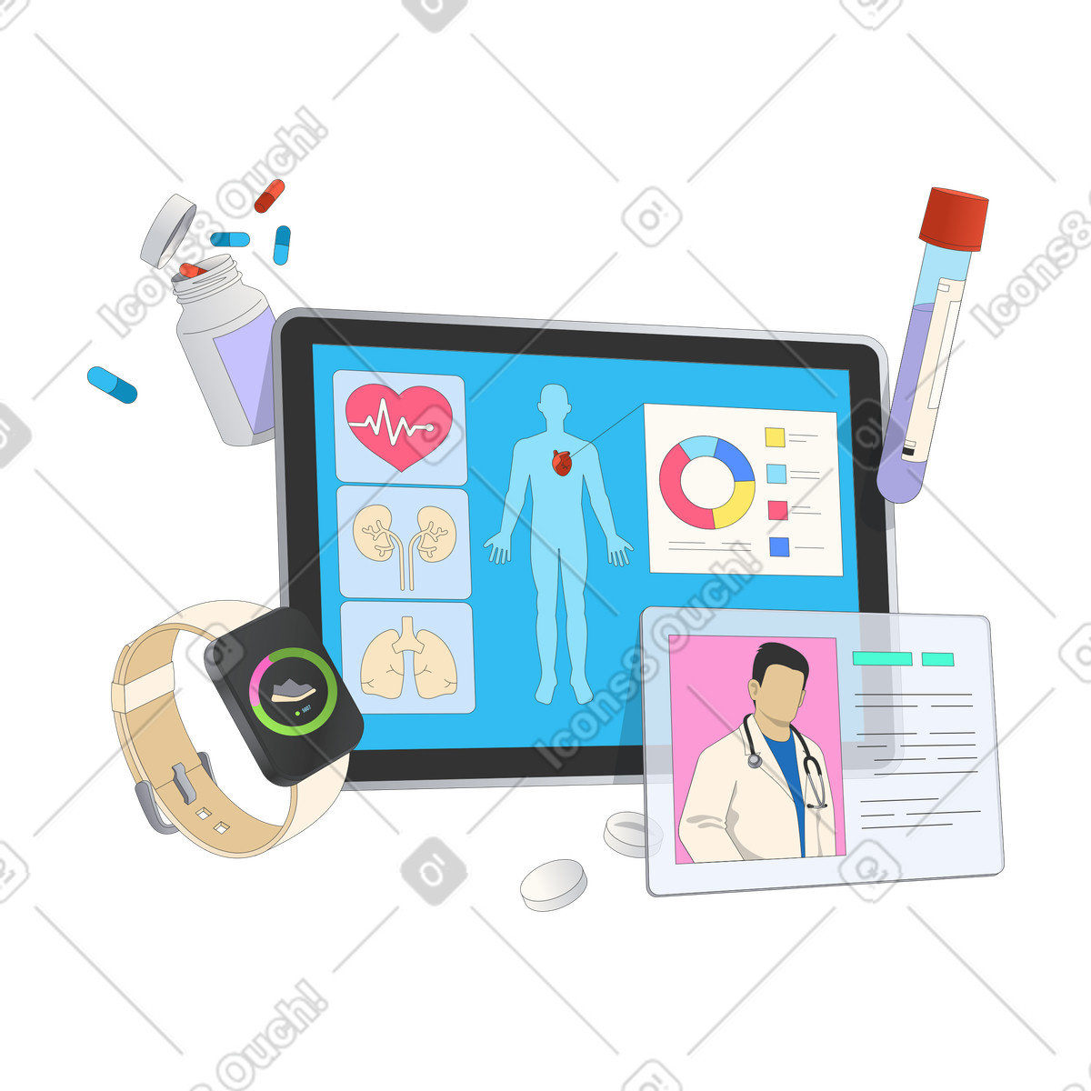 Ehealth gadgets and medical data statistics, digital healthcare technology animierte Illustration im Kit-Stil als Download in GIF, Lottie (JSON), AE