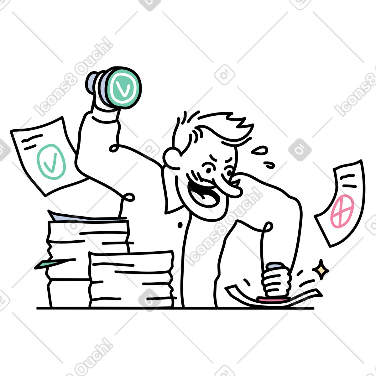下载 Notes 风格的 男子愤怒地在文件上盖上批准和拒绝的印章 插画，支持 PNG、SVG 格式