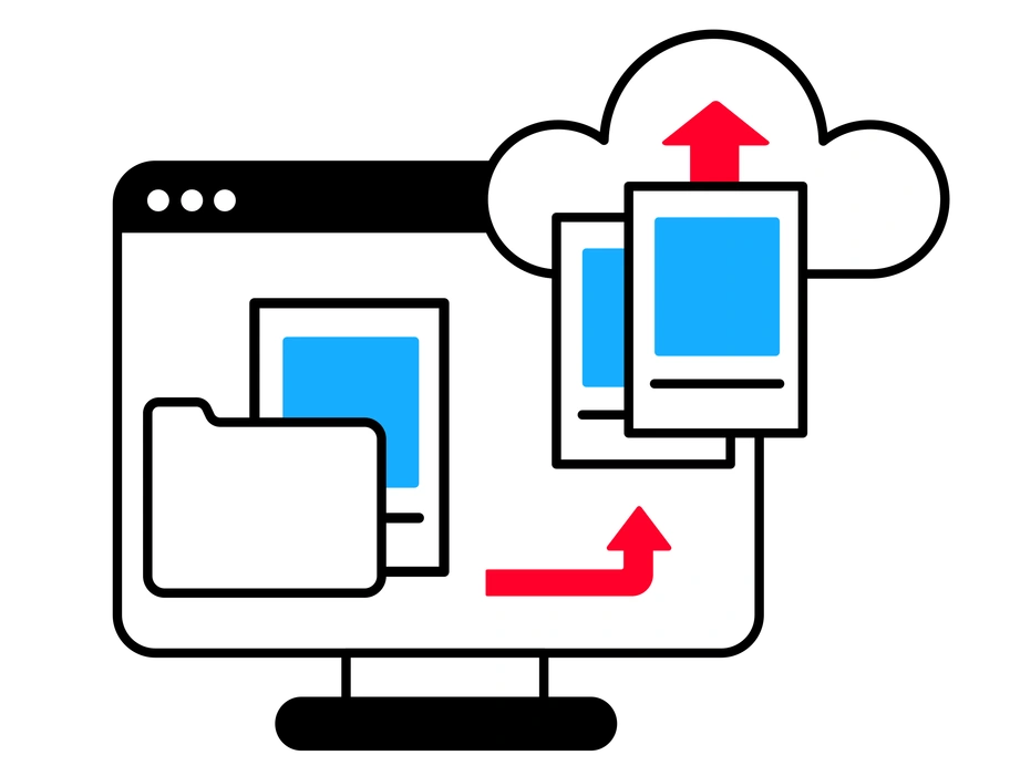 A computer uploading images to the cloud - Transistor style illustration