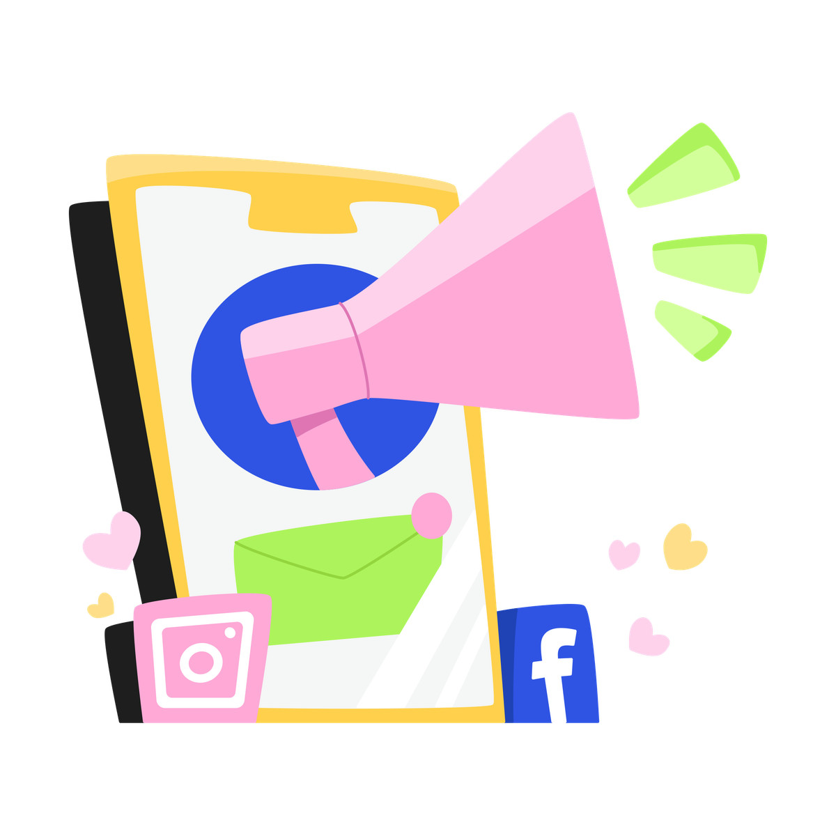 Mobile marketing con megafono, nuovo messaggio e icone dei social network illustrazione animata in stile Bouncy scaricabile in GIF, Lottie (JSON), AE