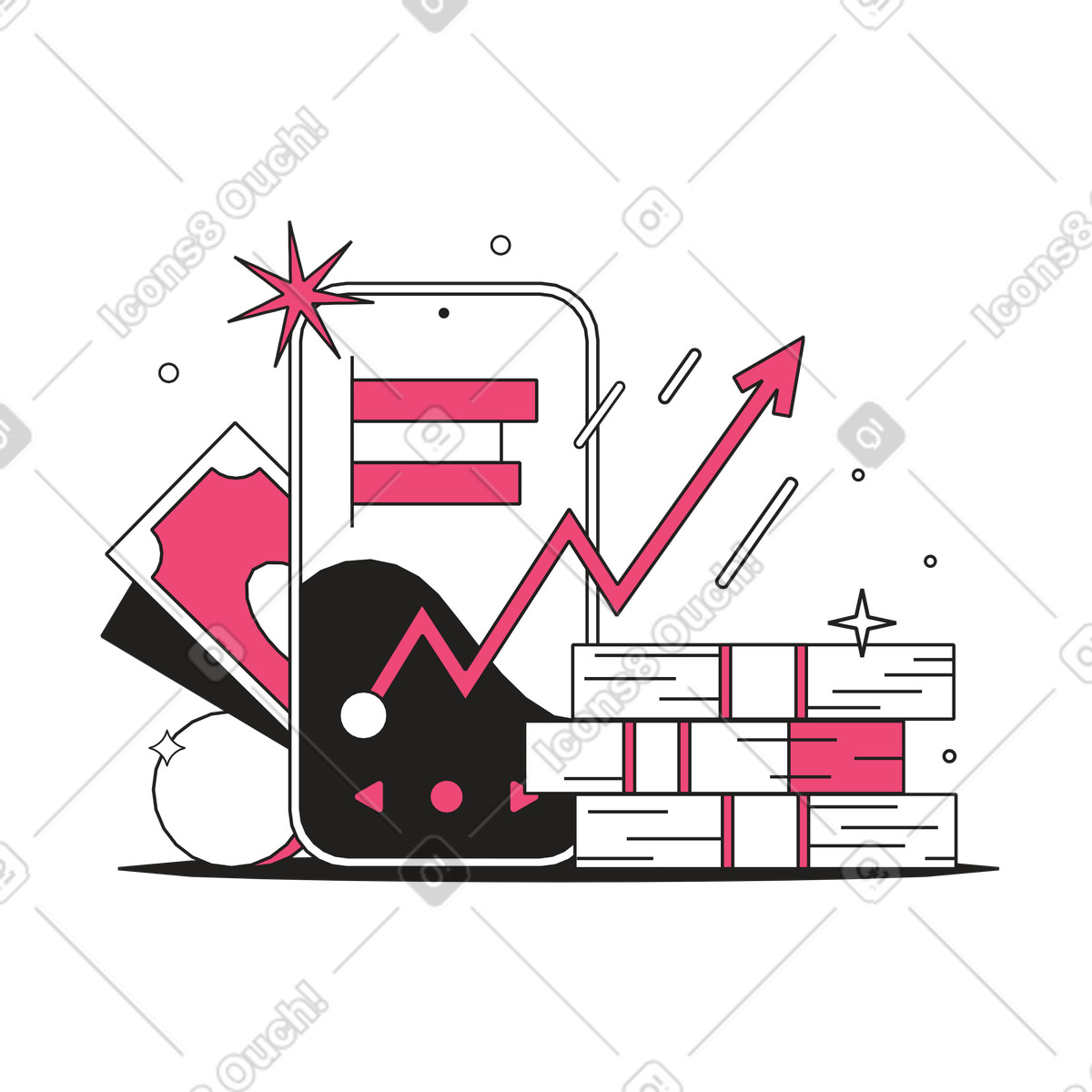 Ilustração animada de Phone displaying rising financial data, Income tracking and budget management em no estilo Dazzle Line para baixar em GIF, Lottie (JSON), AE