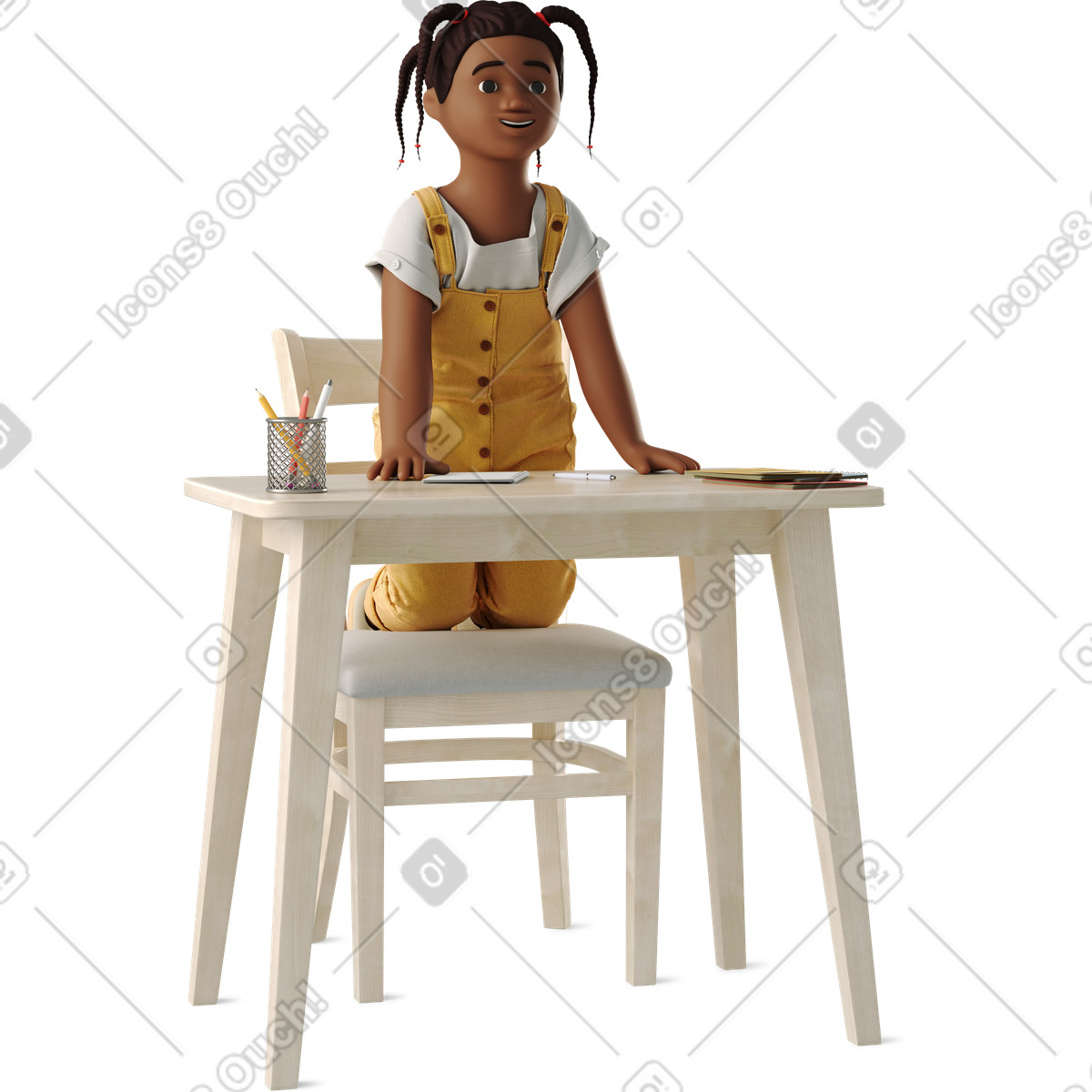 Little girl rejoices sitting at the table illustrazione in stile 3D Business scarica in PNG, SVG