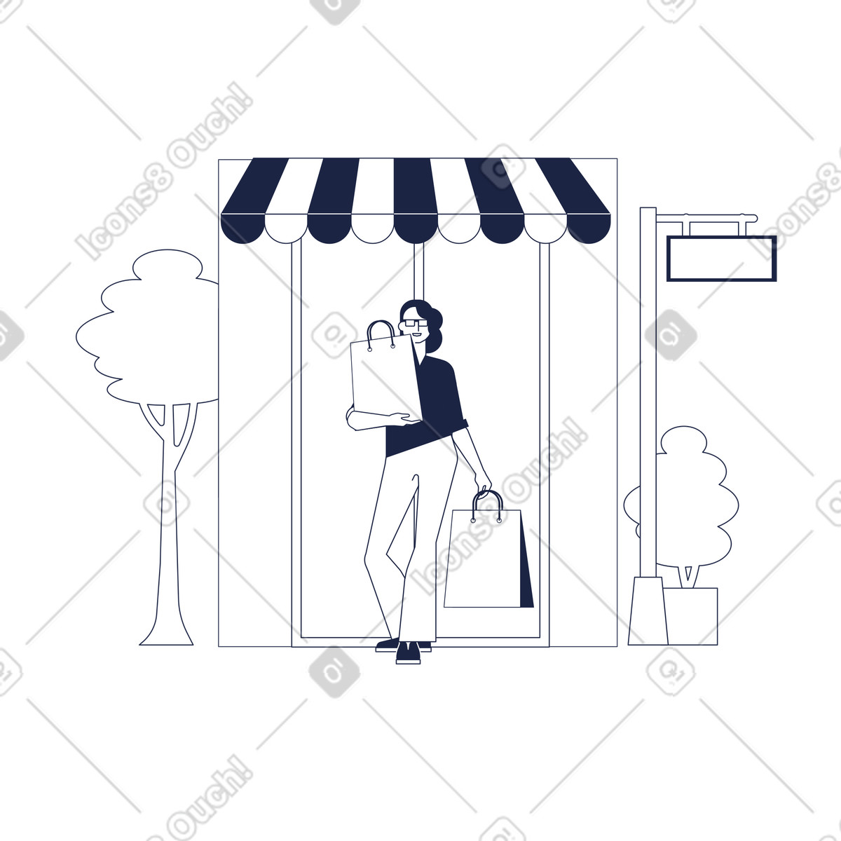 Shopper walking out of store with shopping bags, retail therapy illustration in Urban Line style download in PNG, SVG