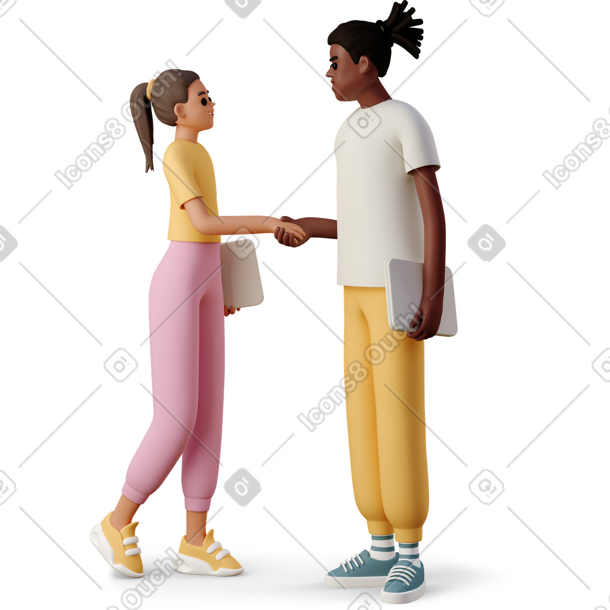下载 3D Casual life 风格的 Young woman and man shake hands make a deal 插画，支持 PNG、SVG 格式