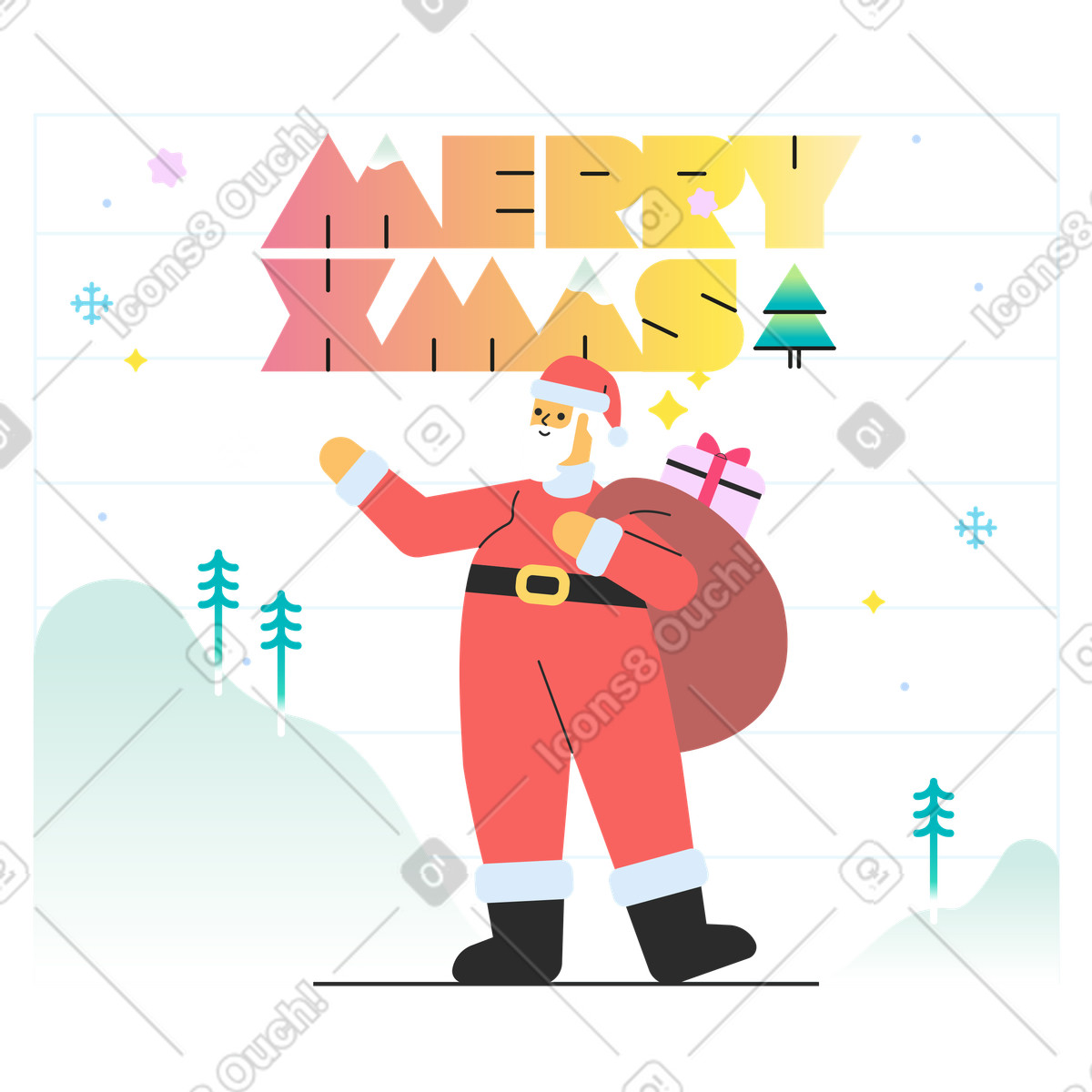 Ilustración Texto de feliz navidad y santa sonriente con una bolsa regalos sobre un fondo invierno en estilo Marginalia a descargar en PNG SVG
