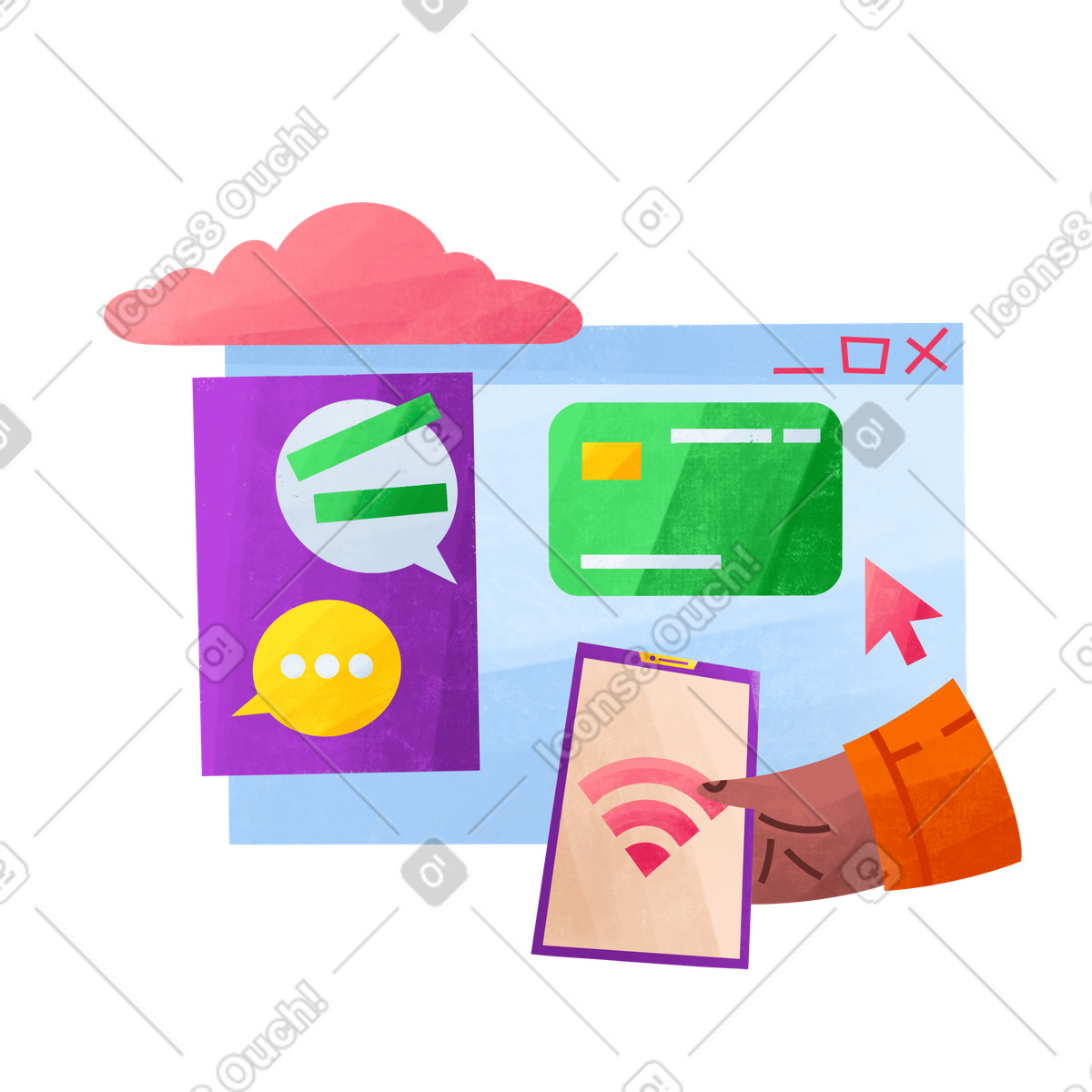 Mann verbindet das telefon mit wlan, um online kontakt der bank aufzunehmen-Illustration im Bonbon-Stil als Download in PNG, SVG