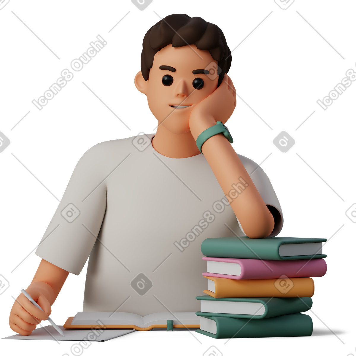 3D Casual life 스타일의 Young man sitting at the desk with books 일러스트레이션 PNG, SVG 다운로드