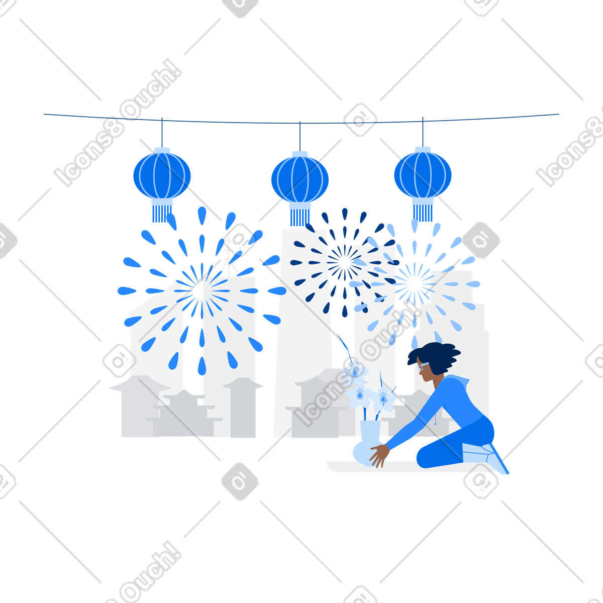 Ilustración Preparation for Chinese New Year with lanterns and flowers, Asian holiday decorations en estilo Urban a descargar en PNG y SVG
