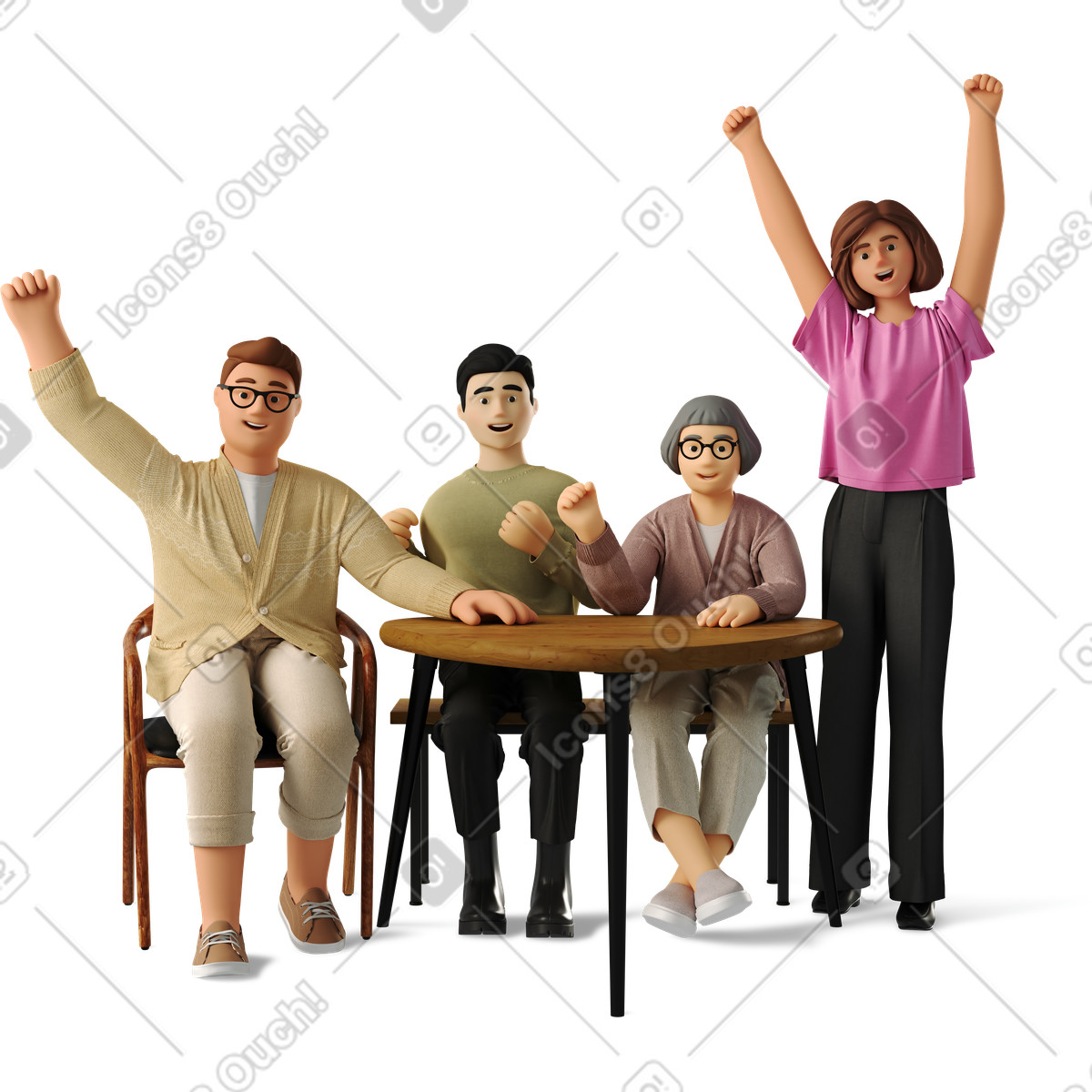 Иллюстрация Four rejoicing colleagues в стиле 3D Business — скачать в форматах PNG, SVG