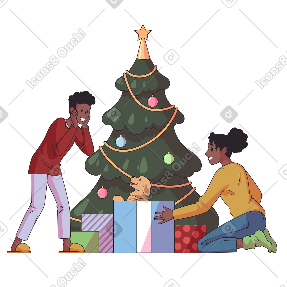 Junge bekommt zu weihnachten überraschend einen welpen geschenkt-Illustration im Eastwood-Stil als Download in PNG, SVG