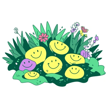 A collection of glow-in-the-dark smiley face stones is scattered throughout a vibrant garden. The stones are round and smooth, each displaying a different expression, with bright yellow and cheerful faces. The stones are nestled among lush green grass and colorful blooming flowers, creating a playful contrast. Some stones are partially covered by the leaves of nearby plants, while others are prominently displayed, catching the light. The garden is rich with various shades of green, with pops of color from the flowers surrounding the stones.