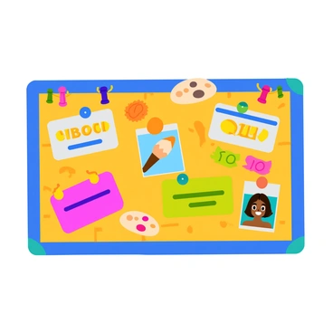 A colorful bulletin board filled with various job advertisements for "illustration positions." Each advertisement is displayed in a vibrant color, featuring eye-catching fonts and graphics. The board is adorned with decorative borders and pins in different shapes and colors. Some ads include images of art supplies like paintbrushes and palettes, while others showcase artistic illustrations to attract attention. The background of the bulletin board is a warm wood texture, adding a cozy feel to the scene.