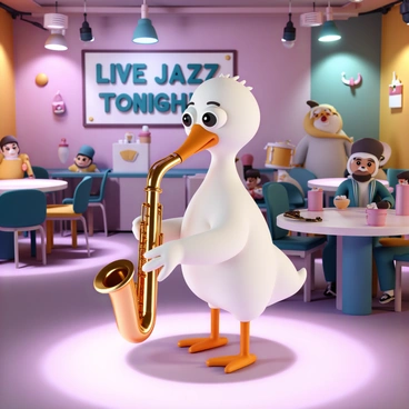 A silly goose, with bright white feathers and a comical expression, is playing a shiny brass saxophone. The goose is standing on a small stage, surrounded by colorful spotlights that illuminate the scene. The jazz club is filled with tables and chairs, where various animals are seated, enjoying the performance. In the background, a vibrant band featuring a piano and a drummer adds to the lively atmosphere. The walls are adorned with music-themed decorations, and a large banner reading "Live Jazz Tonight!" hangs above the stage.