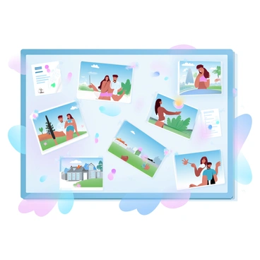 A large corkboard is mounted on a wall, filled with multiple pinned illustrations showcasing various scenes from an upcoming project. Each scene is displayed in vibrant gradient pastel colors, depicting different elements relevant to the story. Some scenes illustrate characters interacting in a lively environment, while others showcase detailed landscapes and settings. Colorful push pins hold each illustration in place, and a few notes and sketches are visible among the pinned artwork. The wall behind the corkboard is a muted color, providing contrast to the vibrant images displayed prominently.