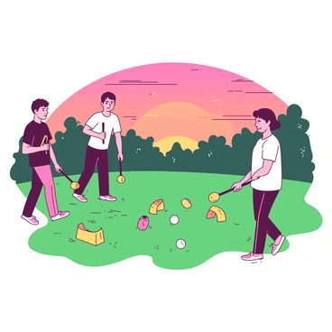 A yellow croquet set is arranged on a green lawn. Three players are focused on the game, each holding a mallet. In the background, a vibrant sunset is visible, casting shades of orange and pink across the sky. The players are positioned near various obstacles, which include a white ball and brightly colored hoops. One player is poised to hit the ball, while another watches closely. The scene is lively, showcasing the fun atmosphere of the game.