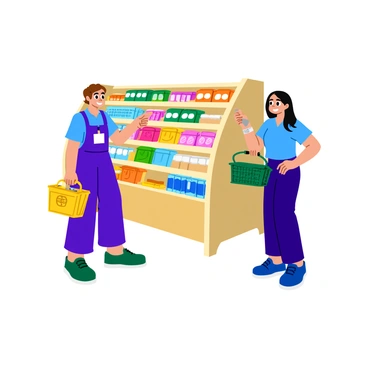 A store assistant with short brown hair is standing next to a customer in a brightly lit aisle filled with various products. The assistant is wearing a blue uniform with a name tag and is pointing towards a shelf stocked with colorful items. The customer, a young woman with long black hair, is holding a shopping basket and looking attentively at the products. Various colorful boxes and containers are neatly arranged on the shelves around them. The scene conveys a sense of helpfulness and engagement as the assistant shares information about the products.