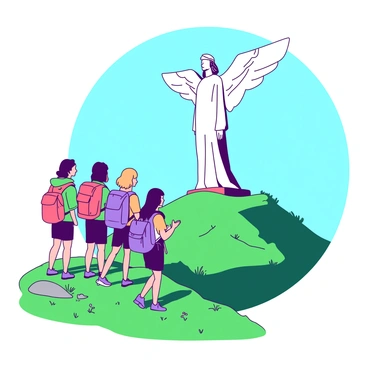 A group of hikers is standing at the top of a green hill, looking out in awe at the "Angel of the North" statue. The hikers are diverse in appearance, wearing colorful outdoor gear, and some have backpacks. The sky is a bright blue, contrasting with the "Angel of the North," which towers majestically, its wings spread wide. The landscape around them includes patches of grass and a few scattered wildflowers. The light casts dynamic shadows, adding depth to the scene.