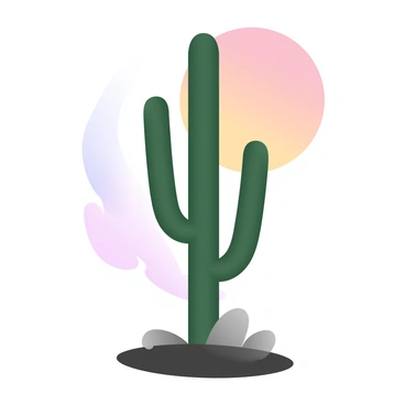 A single cactus stands tall with elongated arms reaching upward. The cactus is positioned in the foreground, silhouetted against a large setting sun that fills the background. The sun is a vibrant orb, radiating warm hues that blend into gradient pastel colors. Long, dark shadows stretch across the ground, creating a stark contrast with the soft colors of the sunset. The scene evokes a sense of tranquility and solitude in a desert landscape.