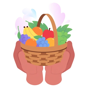 Two hands gently holding a woven basket that is overflowing with a variety of colorful, fresh fruits. The basket contains bright red apples, ripe yellow bananas, vibrant oranges, and clusters of green and purple grapes. The fruits are arranged in a way that showcases their freshness and texture. The background features a soft gradient of pastel colors, enhancing the visual appeal of the fruity arrangement.