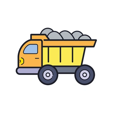 A construction dumper truck with a tilted bed overflowing with rocks.