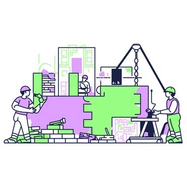 A construction site is bustling with activity. Workers are wearing safety helmets and holding tools as they focus on their tasks. In the foreground, there are stacks of reclaimed wood and piles of bricks from old structures. Some bricks are arranged in a half-built wall, showcasing their weathered texture. Next to the wall, a large wooden beam is being lifted by a crane. In the background, several partially constructed buildings are visible, made from a mix of reclaimed materials, giving them a rustic appearance. A blueprints sheet is spread on a nearby table, showing the layout of the new buildings.