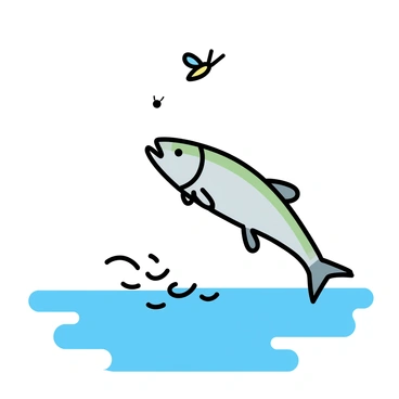 A trout, with shimmering scales reflecting shades of green and silver, is leaping out of the clear blue water. Its body is arched elegantly in the air, creating splashes around the point where it leaves the surface. Above the trout, a small flying insect, depicted in detail with delicate wings, is caught mid-flight, just as the trout is about to catch it. The background features minimal ripples in the water, highlighting the action of the scene.