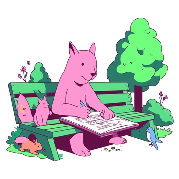 A pink slowboy is sitting on a green park bench with a sketchbook resting on his lap. He has a focused expression as he draws a comic strip with a blue pencil. Around him, there are vibrant green trees and colorful flowers blooming in the grass. Nearby, a small orange squirrel watches curiously, and a bluebird perches on the bench beside him. The sunlight casts soft shadows, creating a warm atmosphere in the park.
