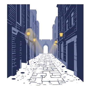 A narrow cobblestone alley is lined with tall, aged brick buildings on either side. The ground is covered in uneven, weathered cobblestones, reflecting a slight sheen from the fog settling over the area. Flickering gas lamps cast a warm, soft glow, illuminating patches of the alley and casting long shadows. The fog swirls gently around the base of the lamps, creating an air of mystery. Towards the end of the alley, the faint outline of an archway can be seen, partially obscured by the thick fog.