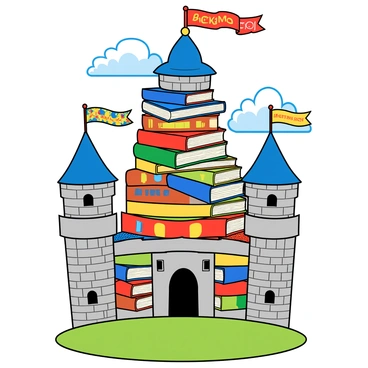 A towering castle made entirely of stacked colorful books, each book displaying different titles and sizes. The castle has multiple distinct towers formed from larger hardcover books, while smaller paperbacks create the castle's walls. Colorful banners hang from the top of the towers, waving gently in the breeze, each banner featuring vibrant designs and eye-catching patterns. Brightly colored flags flutter at the very top of the castle, adding a festive touch to the scene. The castle stands on a green grassy hill with fluffy white clouds in a blue sky above.