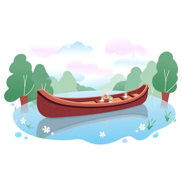 An ancient longboat replica is floating gently on a quiet river. The longboat is adorned with intricate carvings and vibrant colors, showcasing its historical significance. Surrounding the riverbanks are lush green trees reflecting on the water's surface. In the background, a soft gradient of pastel colors fills the sky, indicating either dawn or dusk. Alongside the boat, delicate wildflowers are emerging from the riverbank, adding to the serene atmosphere. A few ceremonial items, such as candles and garlands, are placed on the boat, enhancing its purpose.