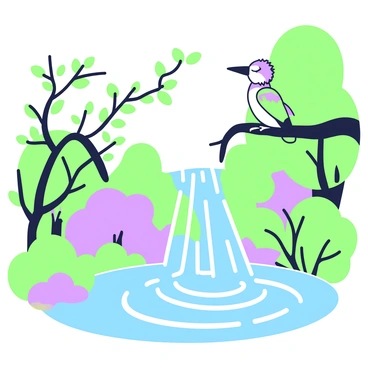 A kingfisher is perched on a branch extending from a tree, above a waterfall cascading with water. The kingfisher has vibrant feathers and is sitting with its eyes closed, appearing to meditate. Below the branch, the waterfall flows into a small pool, where ripples spread across the water's surface. Surrounding the waterfall, lush greenery frames the scene, with leaves and foliage adding depth. Sunlight filters through the leaves, casting gentle shadows on the water.