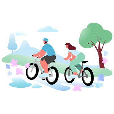 A group of people riding bicycles on a sunny morning is depicted. One person is wearing a blue shirt and a helmet, cycling alongside another who is dressed in a light green outfit. Blooming flowers in various colors surround the path they are riding on, adding vibrant touches to the scene. A few trees with lush green leaves are visible in the background, complementing the cheerful atmosphere of the illustration.