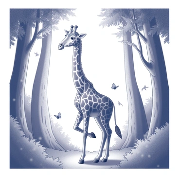 A giraffe standing tall among lush trees in a dense forest. The giraffe is adorned in a whimsical costume resembling a fairy tale character, featuring oversized, colorful accessories. Its long neck is elegantly adorned with sparkling jewels, and it wears a flowing cape that drapes down its sides. Surrounding the giraffe, the forest is filled with towering trees, their trunks thick and twisted, covered with vibrant foliage. Delicate, shimmering light filters through the leaves, creating dappled patterns on the ground. Magical creatures, such as small birds and butterflies, flit around the giraffe, enhancing the enchanted atmosphere of the scene.