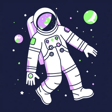 An astronaut is floating in space, wearing a detailed space suit with various patches and equipment attached. The visor of the helmet reflects vibrant planets and distant galaxies, showcasing their unique colors and patterns. The scene is filled with stars scattered across the dark space, providing a backdrop to the astronaut's serene position. The astronaut's gloved hands are positioned slightly outward, as if navigating through the vastness of space.