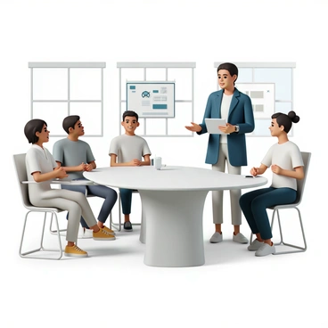 A woman, wearing a navy blue blazer and white blouse, stands confidently at the front of a modern conference room. She is holding a digital tablet and addressing her team, which is composed of four people sitting around a sleek, oval table. The team members are dressed in business casual attire, with one man wearing a gray shirt and the others in light-colored blouses and shirts. The walls of the conference room feature large windows with natural light pouring in, and there is a large screen displaying a presentation in the background. The atmosphere is professional and focused, with the team members actively engaging in the discussion.