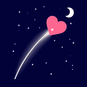 A heart-shaped shooting star is streaking across a dark blue night sky filled with twinkling stars. The shooting star emits a bright, glowing trail of white and pink light as it descends. The background is dotted with small, sparkling stars and a crescent moon is visible in the upper corner, adding to the nighttime ambiance. The heart-shaped star appears vibrant and magical against the deep backdrop of the universe.