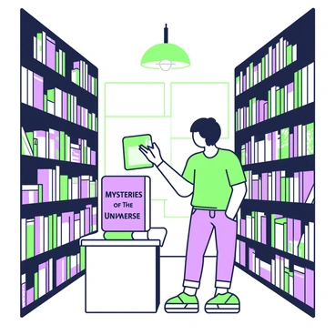 A person is browsing through a library, surrounded by towering bookshelves filled with various books. The individual has short hair and is wearing a casual outfit that includes a t-shirt and jeans. They are standing slightly bent forward, examining a book titled "Mysteries of the Universe" near a lower shelf. The bookshelves are made of dark wood and stretch up high, with the tops filled with diverse genres. Soft light filters down from a ceiling fixture, illuminating the aisles of books and casting gentle shadows on the floor.
