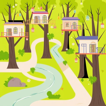 A village nestled within a dense forest, surrounded by tall green trees with thick trunks and lush foliage. The village features charming treehouses built high up in the branches, each with wooden balconies and ladders. Colorful lanterns hang from the branches, casting a warm glow in the evening light. Several winding paths lead through the village, connecting the treehouses and lined with small bushes and flowers. A gentle stream flows nearby, with smooth stones peeking out from the water.