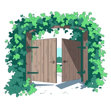 An old gate swinging open in a gentle breeze, surrounded by overgrown vines